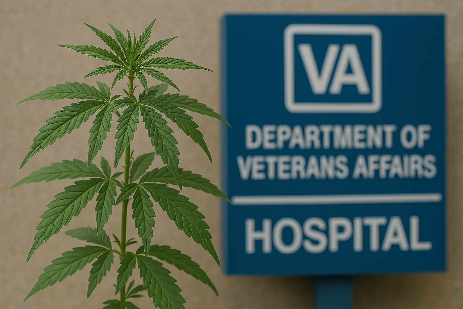 Cannabis plant near VA hospital sign, highlighting medical CBD use for veterans' health and PTSD support